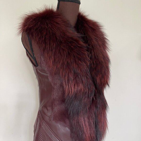 NWOT Burgundy Leather Vest Real Fox Fur S size - Picture 2 of 16